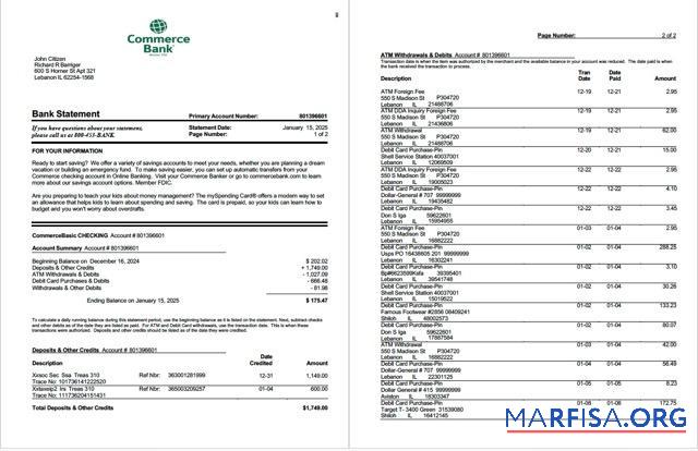 Blank USA Commerce bank statement word 2 pages sample